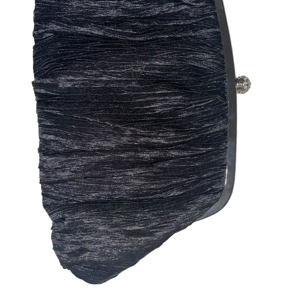 NEIMAN MARCUS Vintage Ruched Silk Black Clutch Bag Silver Frame with Crystals - Picture 2 of 15